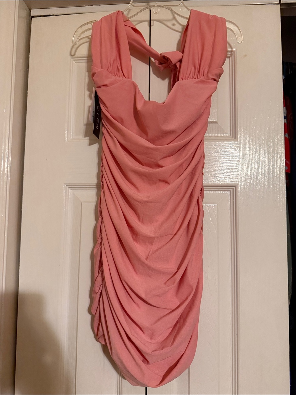 Ruched Halter Mini Dress in Coral Pink